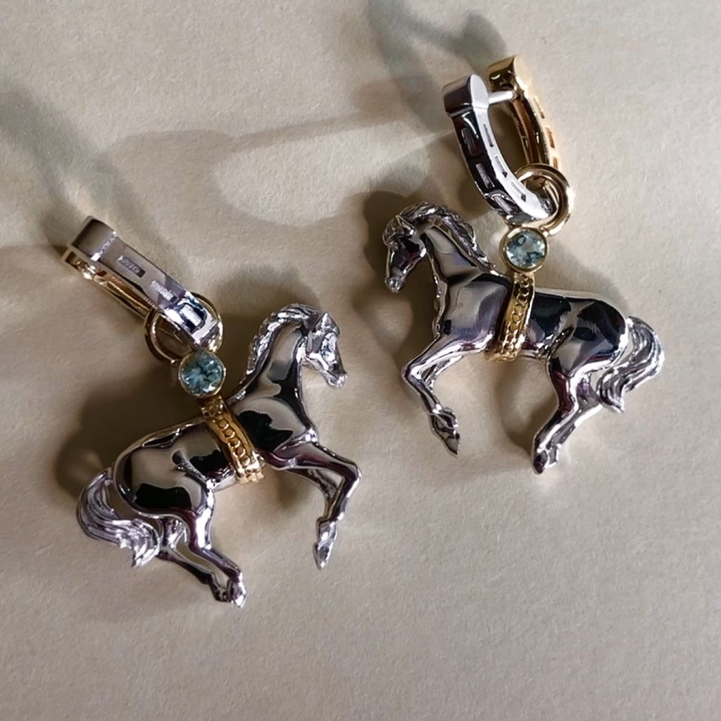 Золотые серьги подковы со съёмными лошадками