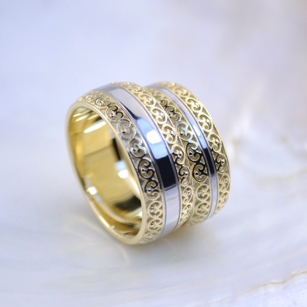 Винтажные ажурные обручальные кольца из жёлто-белого золота (Вес пары: 16 гр.)