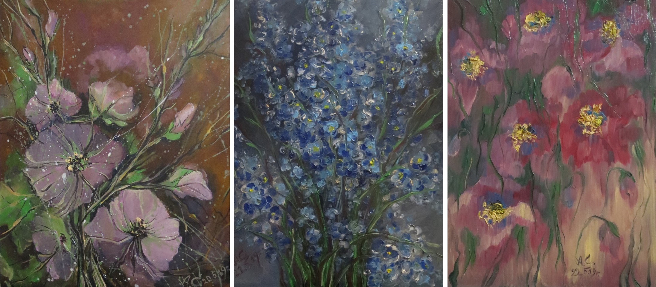 Триптих картины для интерьера Цветы маслом на холсте 102x142 см