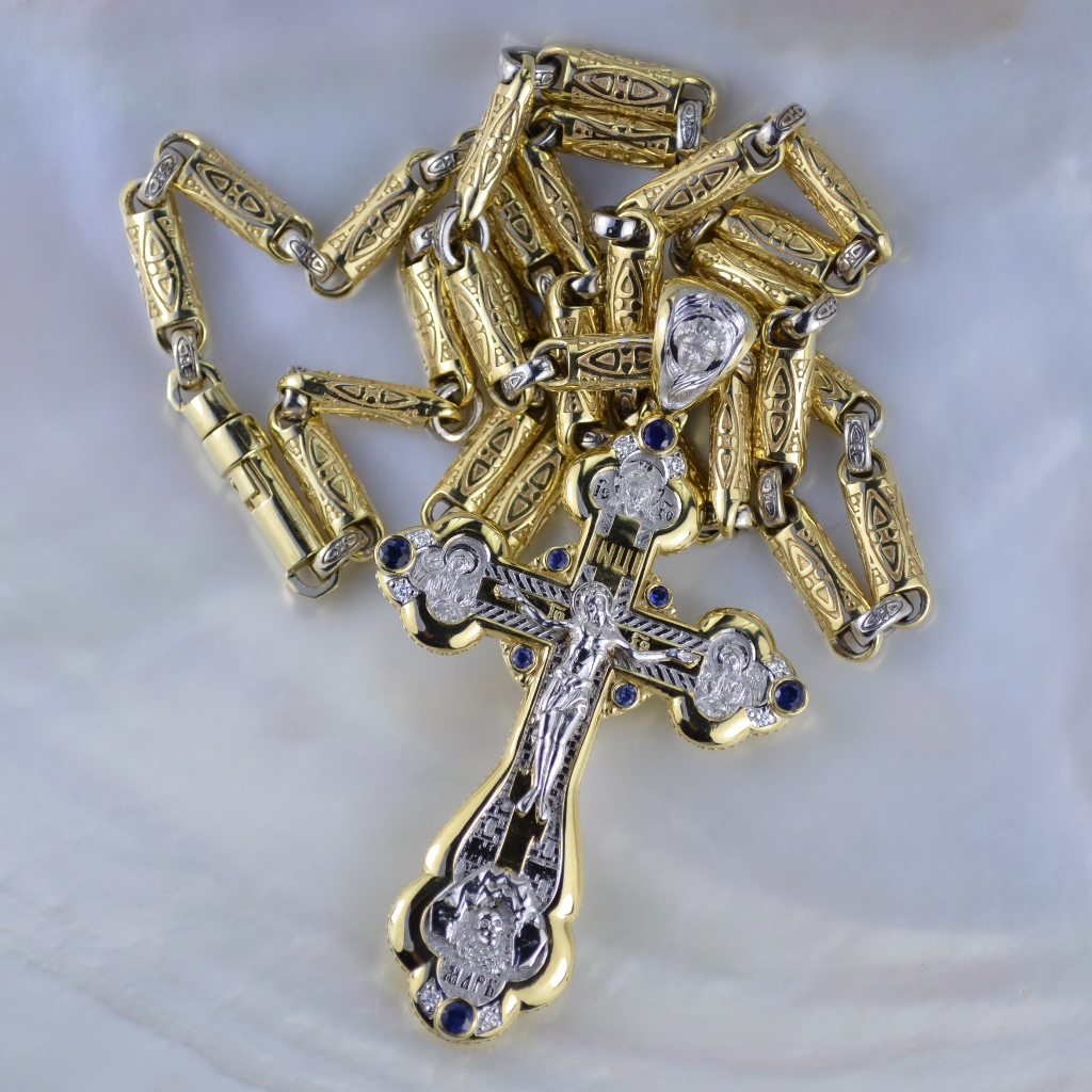 Золотая цепочка плетения Этнос с большим крестиком с сапфирами (Вес: 96 гр.)