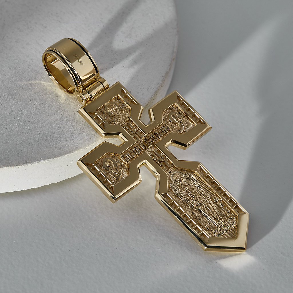 Клиновидный крестик на цепочке Краб Луксор с рунами из жёлтого золота с чернением (Вес: 57 гр.)