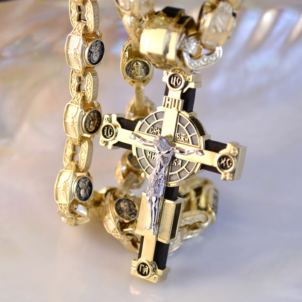 Нательный золотой крест с деревом Эбен и образом иконы Спас Нерукотворный на золотой цепочке Спаси и сохрани с ликами святых (Вес: 193 гр.)