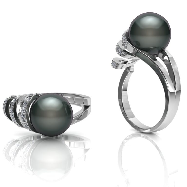 Женское кольцо из белого золота с чёрной жемчужиной и бриллиантами 0,19 карат (Вес: 4,8 гр.)