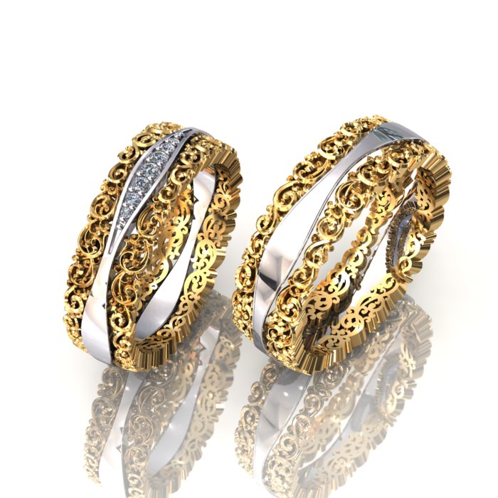 Винтажные обручальные кольца из жёлто-белого золота с узором и бриллиантами (Вес: 14 гр.)