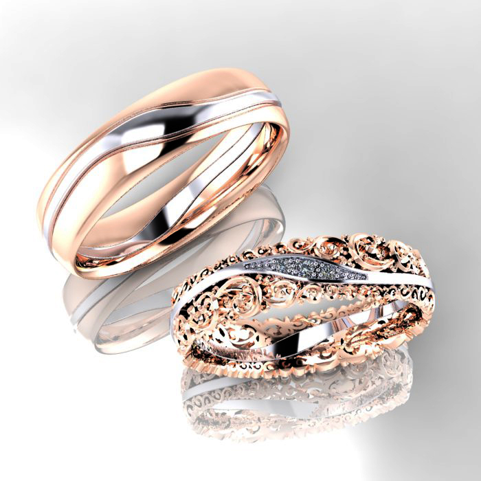 Дизайнерские ажурные обручальные кольца из красно-белого золота с бриллиантами (Вес: 11 гр.)