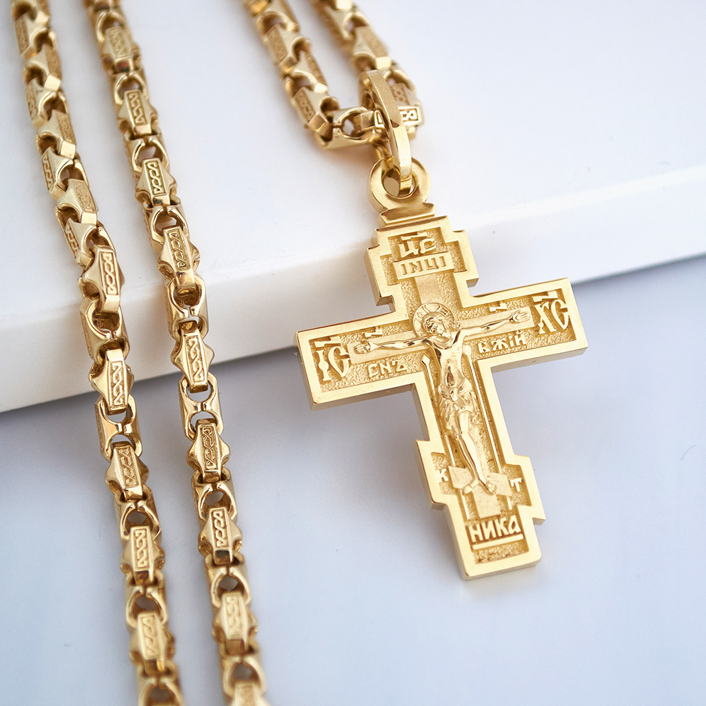 Крупный мужской золотой крестик с молитвой на обороте на цепочке из золота Краб Луксор (58,5 гр.)