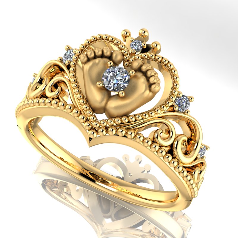 Кольцо в честь рождения ребёнка с ножками, сердцем и короной (Вес: 4,4 гр.)