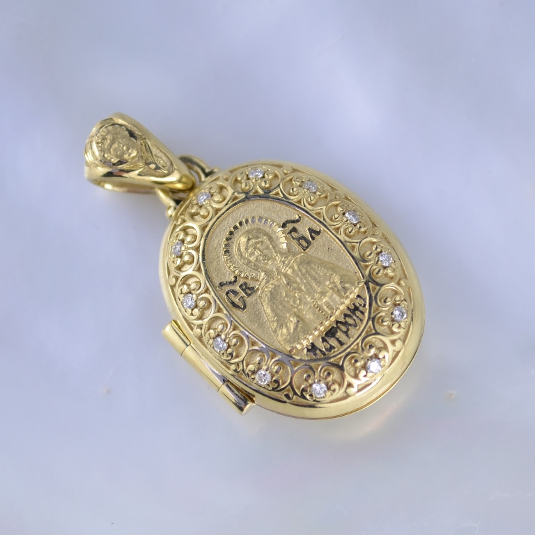 Православный золотой медальон с фотографиями и иконой Святой Матроны Московской (Вес 10 гр.)