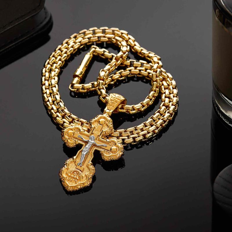 Мужской нательный православный крестик и цепочка из желтого золота