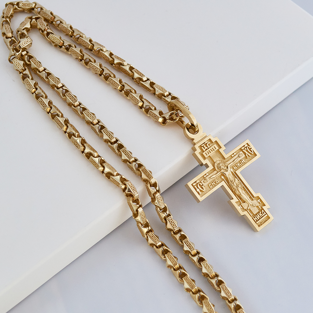 Крупный мужской золотой крестик с молитвой на обороте на цепочке из золота Краб Луксор (58,5 гр.)