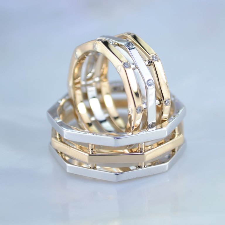 Дизайнерские обручальные кольца гайки с бриллиантами из двух оттенков золота (Вес пары:16 гр.)