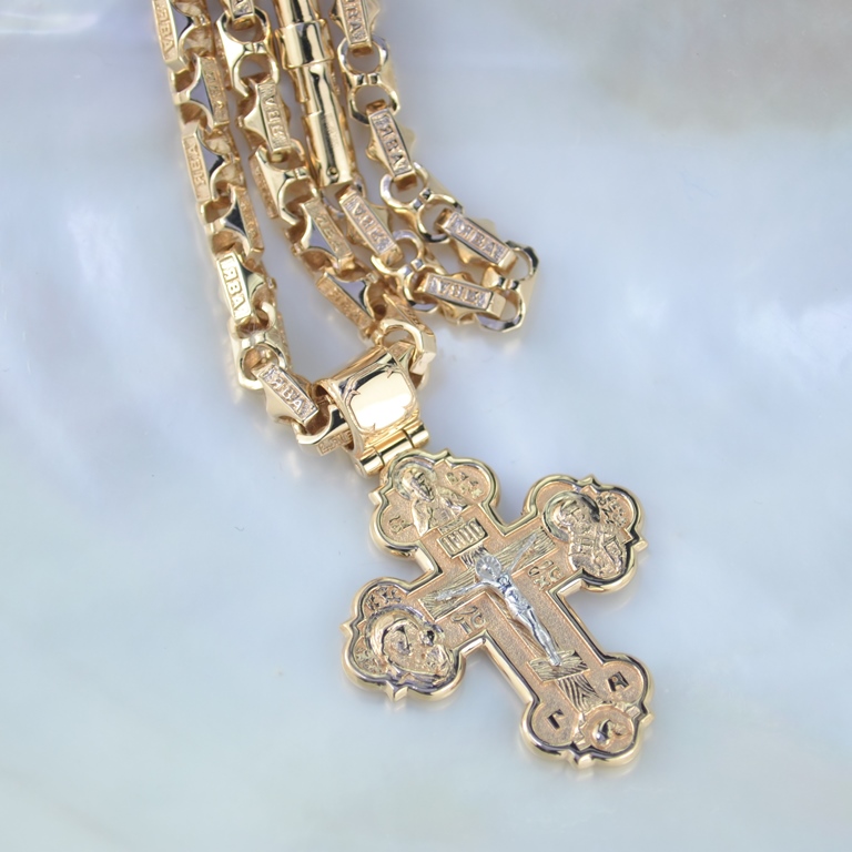 Православный золотой крестик с личным ликом святого на именной цепочке (Вес: 52 гр.)