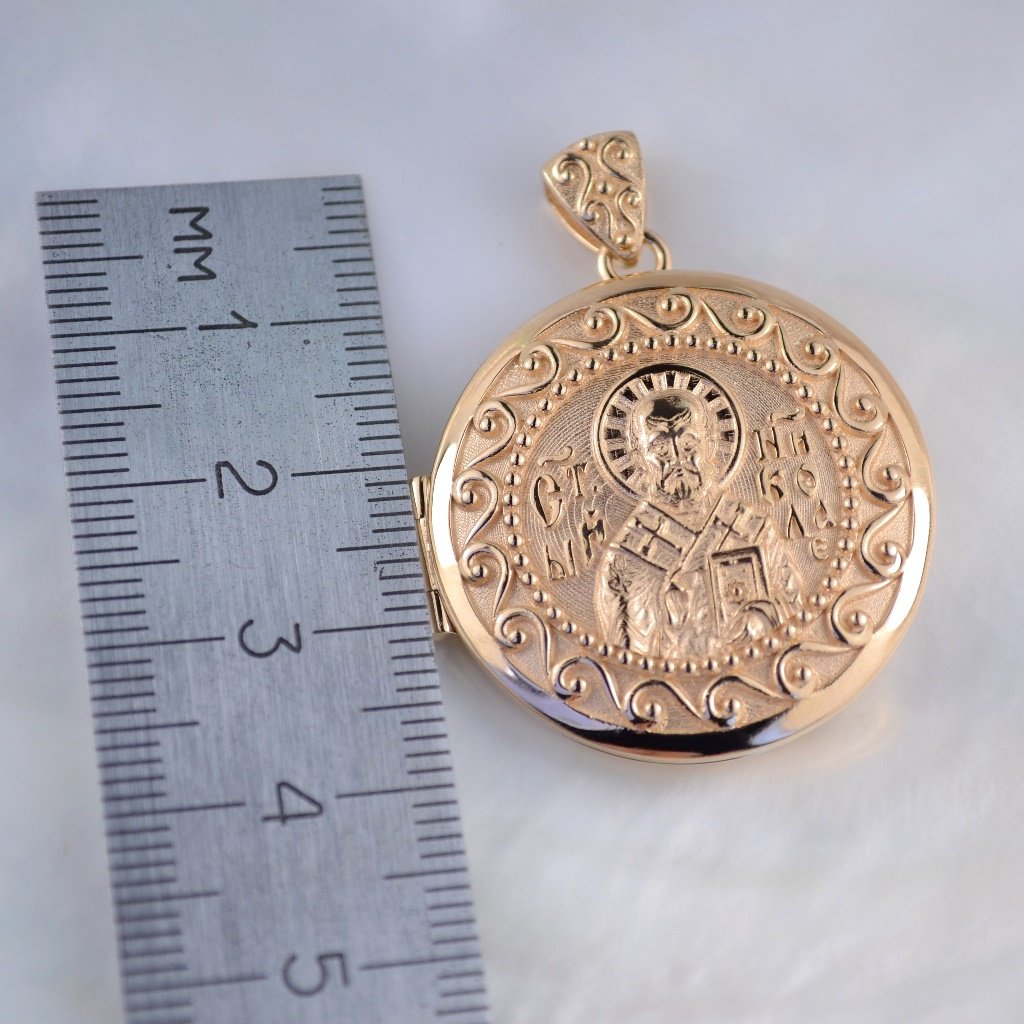 Золотой православный медальон с фотографией и образом иконы Николая Чудотворца (Вес: 22 гр.)