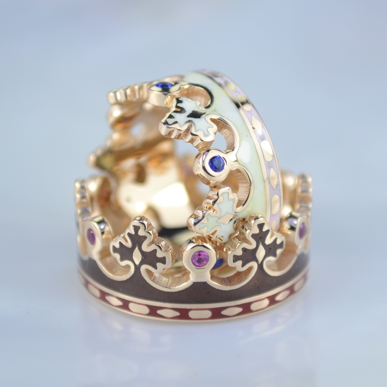 Обручальные кольца короны с цветной эмалью вставки сапфиры и рубины (Вес пары: 12 гр.)