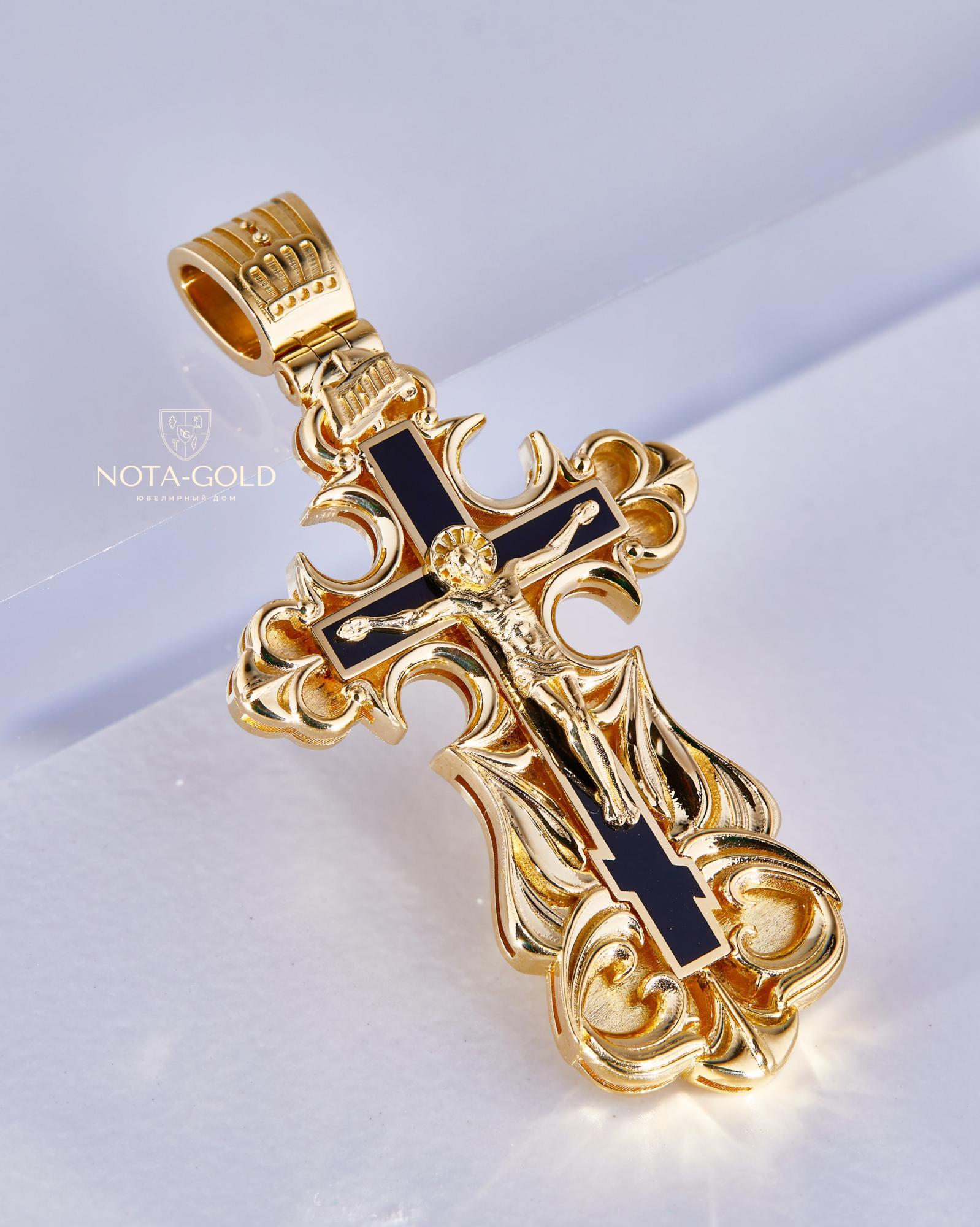 Православный нательный крест из желтого золота с черной эмалью