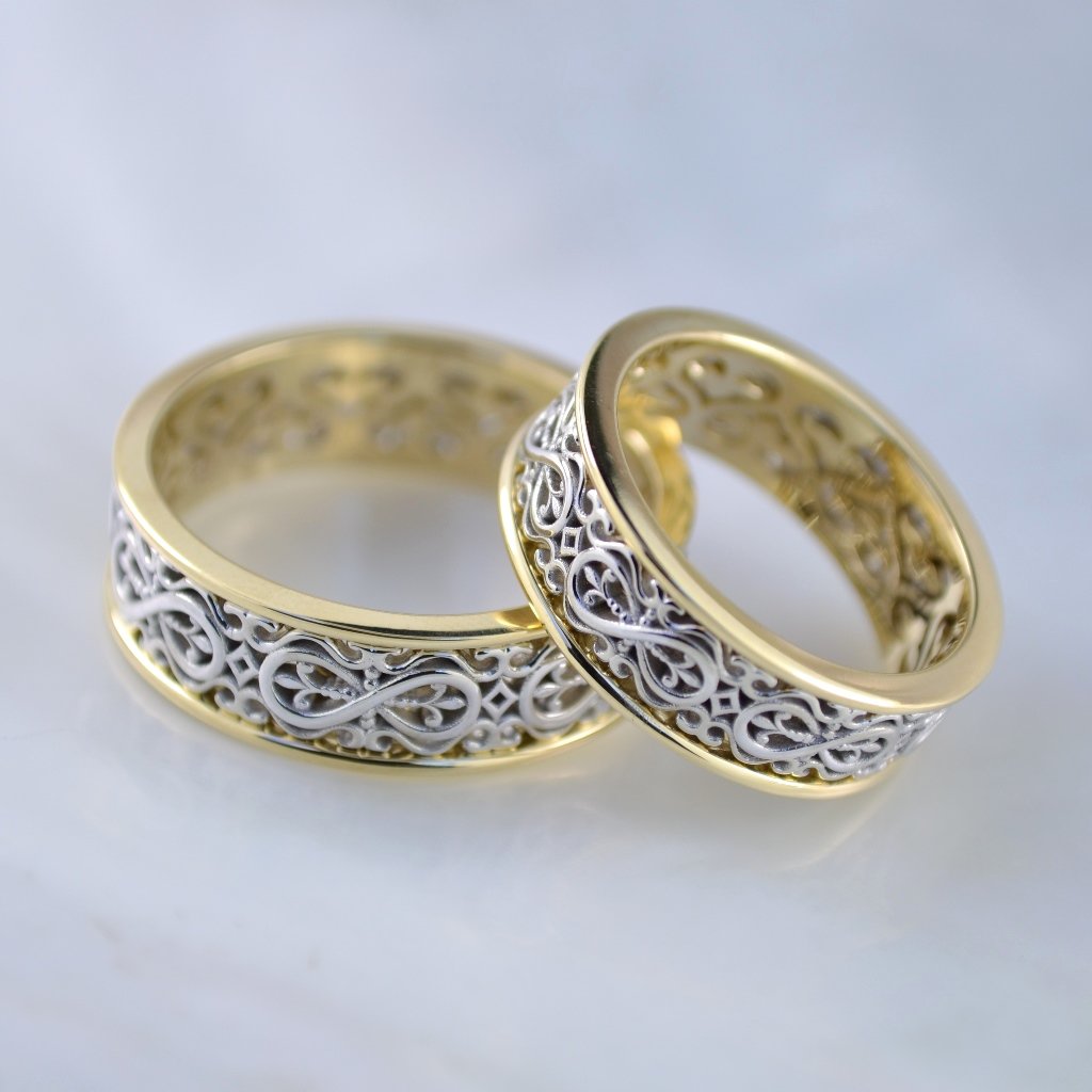 Ажурные золотые обручальные кольца Бесконечность из двух видов золота (Вес пары 15 гр.)