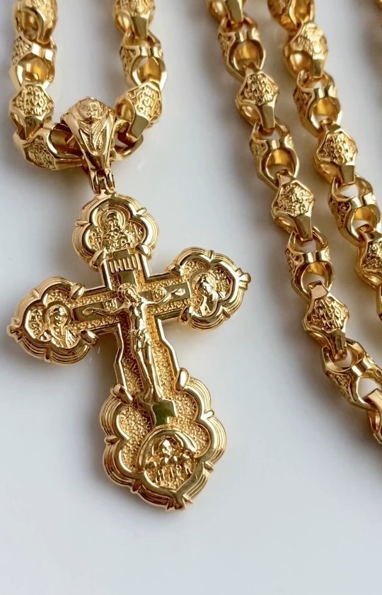 Нательный православный крест на цепочке плетения Краб из желтого золота