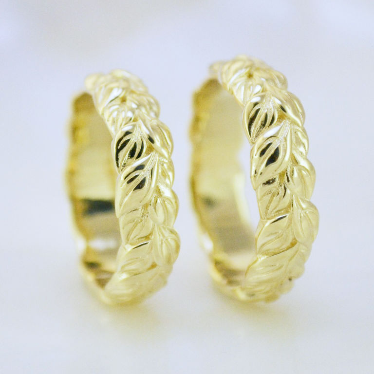 Обручальные кольца с листьями из жёлтого золота на заказ (Вес пары: 17 гр.)