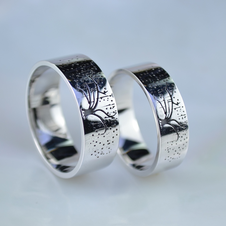 Обручальные кольца с изображением дерева из белого золота с чернением (Вес пары:14 гр.)