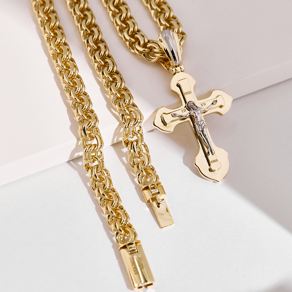 Золотая цепочка плетения Бисмарк с православным крестиком из жёлтого золота (Вес: 144 гр.)