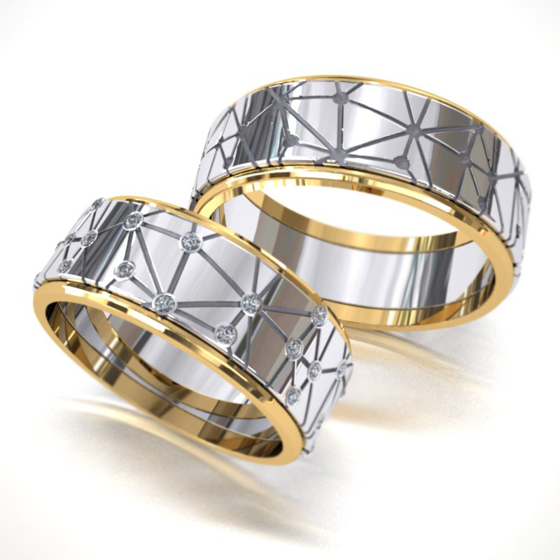 Обручальные кольца Хорда из белого и жёлтого золота с бриллиантами и рисунком (Вес пары 14 гр.)