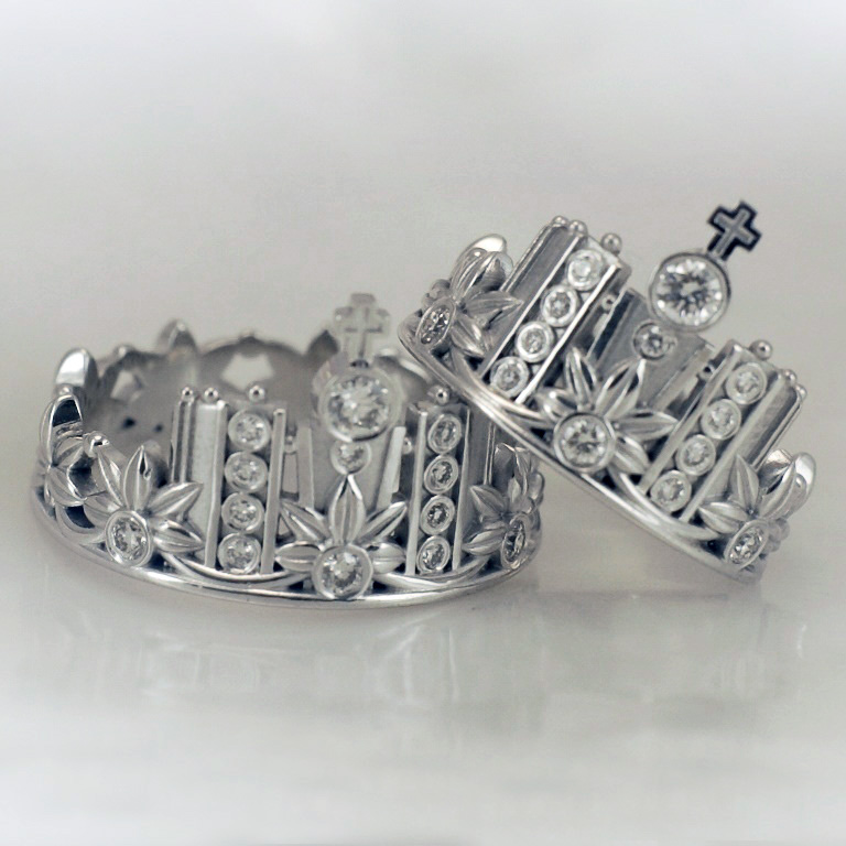 Обручальные кольца корона из белого золота с бриллиантами на заказ (Вес пары: 16 гр.)