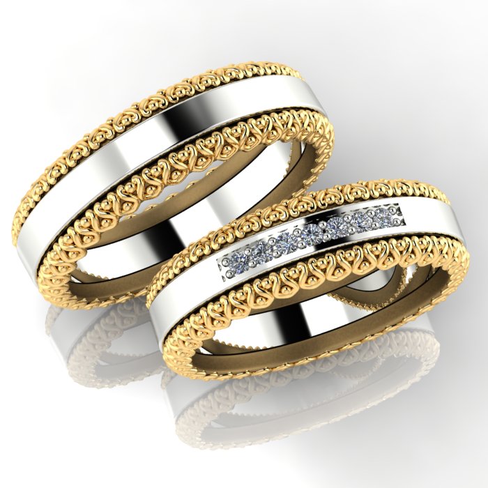 Двухсплавные обручальные кольца из жёлтого и белого золота с бриллиантами (Вес пары:13 гр.)