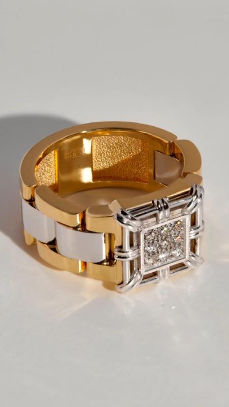 Мужское кольцо браслетного типа из двух видов золота с бриллиантами
