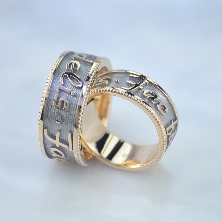 Широкие парные обручальные кольца Fac fideli sis fidelis (Будь верен тому кто верен тебе) (Вес пары: 26 гр.)
