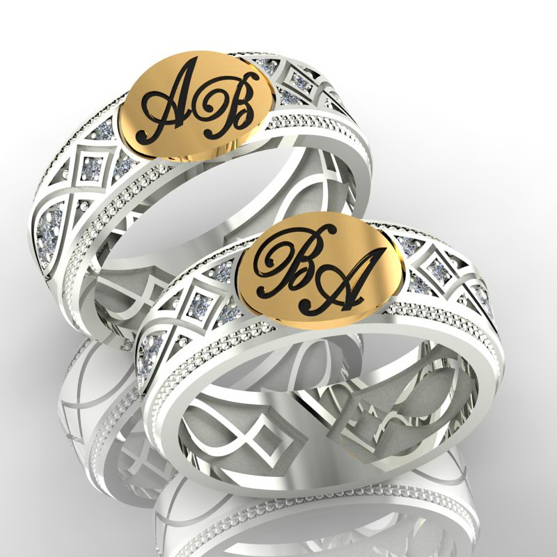 Обручальные кольца Наследие с инициалами, эмалью и бриллиантами из двухцветного золота (Вес пары: 14 гр.)