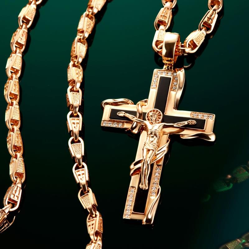 Мужская цепочка с крестиком из красного золота с бриллиантами и агатом