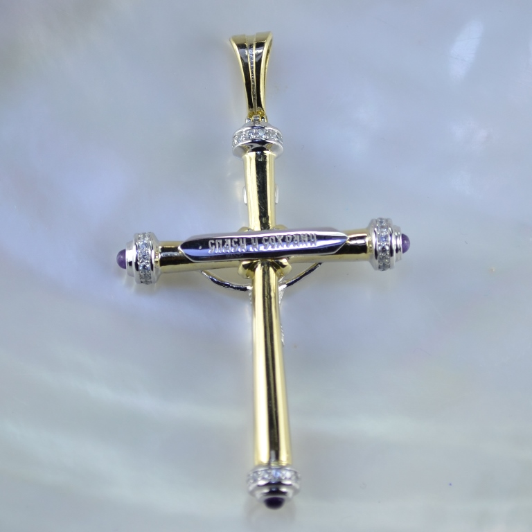 Крупный мужской крест из золота с сапфирами и бриллиантами (Вес 14 гр.)