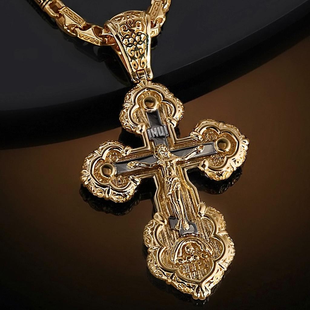 Золотой православный объёмный нательный крест на цепочке