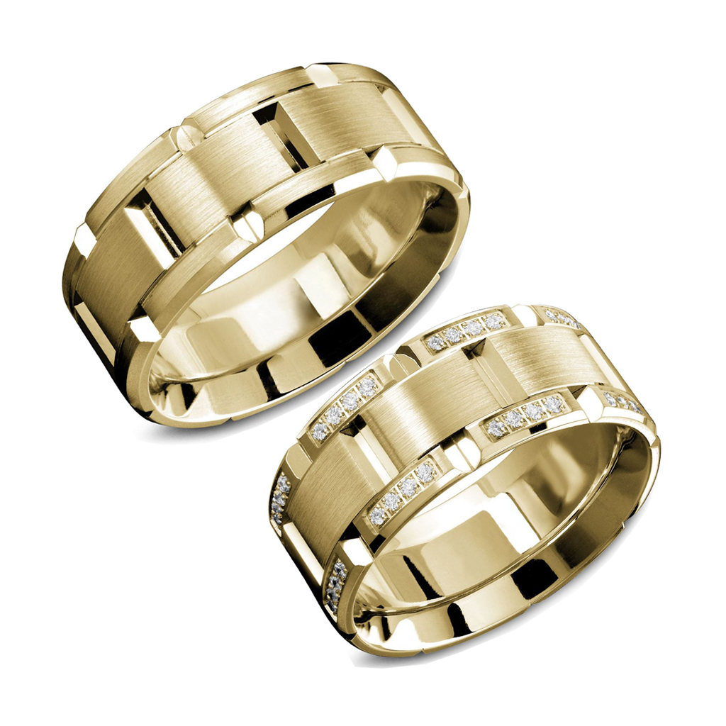 Широкие обручальные кольца браслетного типа из желтого золота с бриллиантами (Вес пары: 23 гр.)