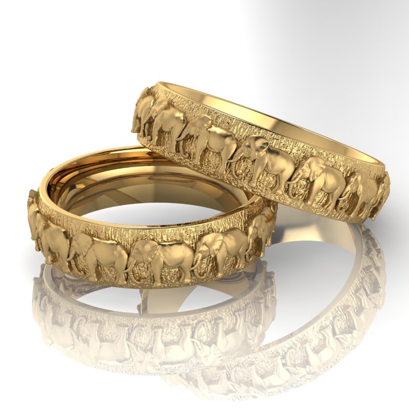 Свадебные кольца со слонами по периметру с фактурным фоном (Вес пары: 11,5 гр.)