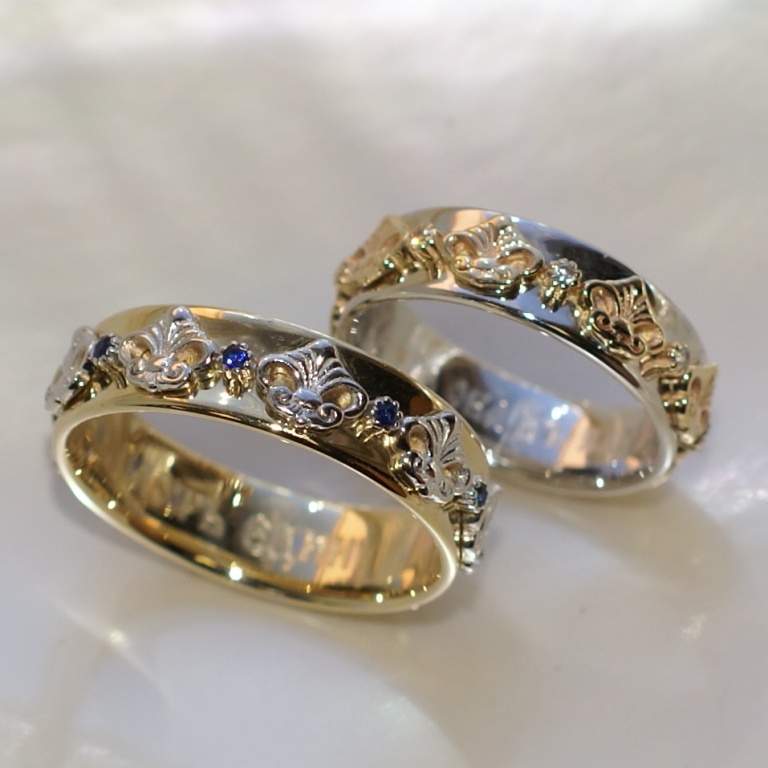 Эксклюзивные обручальные кольца лилии с бриллиантами и сапфирами на заказ (Вес пары: 17 гр.)