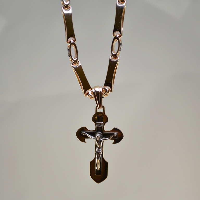 Золотая цепочка с крестиком из красного золота с чернением (Вес: 56 гр.)