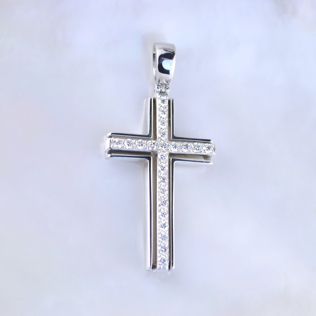 Православный женский крест из белого золота с бриллиантами и гравировкой Спаси и сохрани (Вес: 7 гр.)