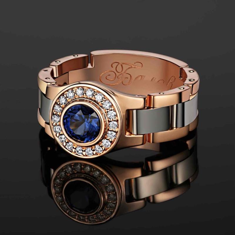 Мужское кольцо с подвижными звеньями из золота с сапфиром, бриллиантами и гравировкой