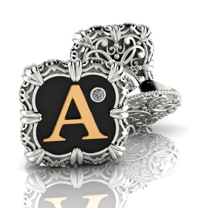 Запонки из серебра с позолотой эксклюзивного дизайна с бриллиантами, инициалами и чёрной эмалью (Вес 18,5 гр.)
