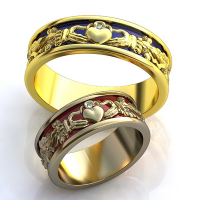 Кладдахские обручальные кольца из золота с эмалью на заказ (Вес пары: 11 гр.)