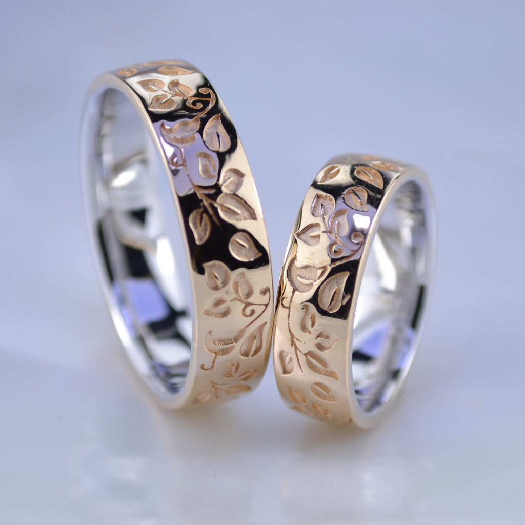 Эксклюзивные двухцветные обручальные кольца с листьями берёзы (Вес пары: 13 гр.)