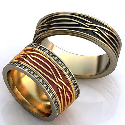 Обручальные кольца с орнаментом бриллиантами и эмалью на заказ (Вес пары: 12 гр.)