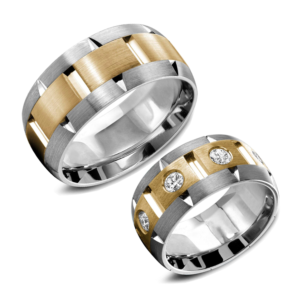 Широкие матовые обручальные кольца браслеты из белого и желтого золота с крупными бриллиантами (Вес пары: 21 гр.)