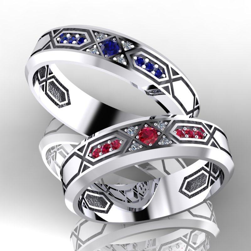 Обручальные кольца Бродвей с бриллиантами, сапфирами и рубинами из белого золота (Вес пары: 7,5 гр.)