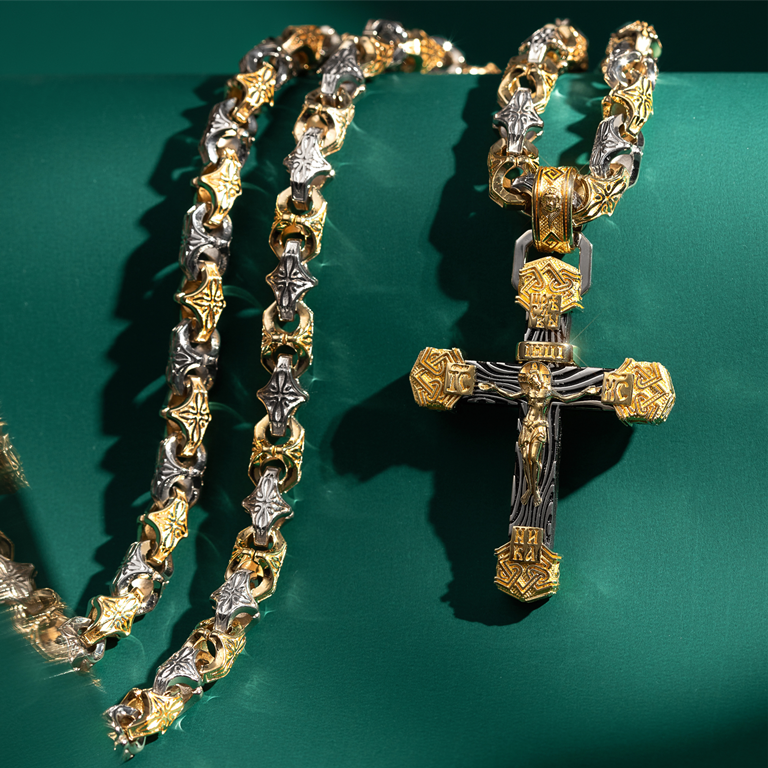Мужской православный нательный крест и цепочка из двух видов золота