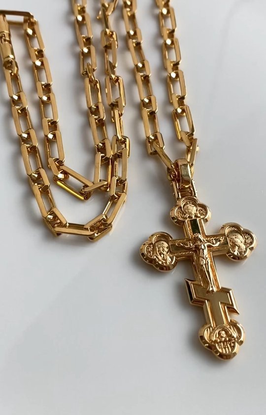 Нательный православный крест из желтого золота на цепочке плетения Якорь квадрат