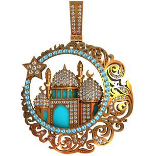Подвеска кулон мусульманская символика мечеть из желтого золота с бриллиантами и топазами 411340 (Вес: 18 гр.)