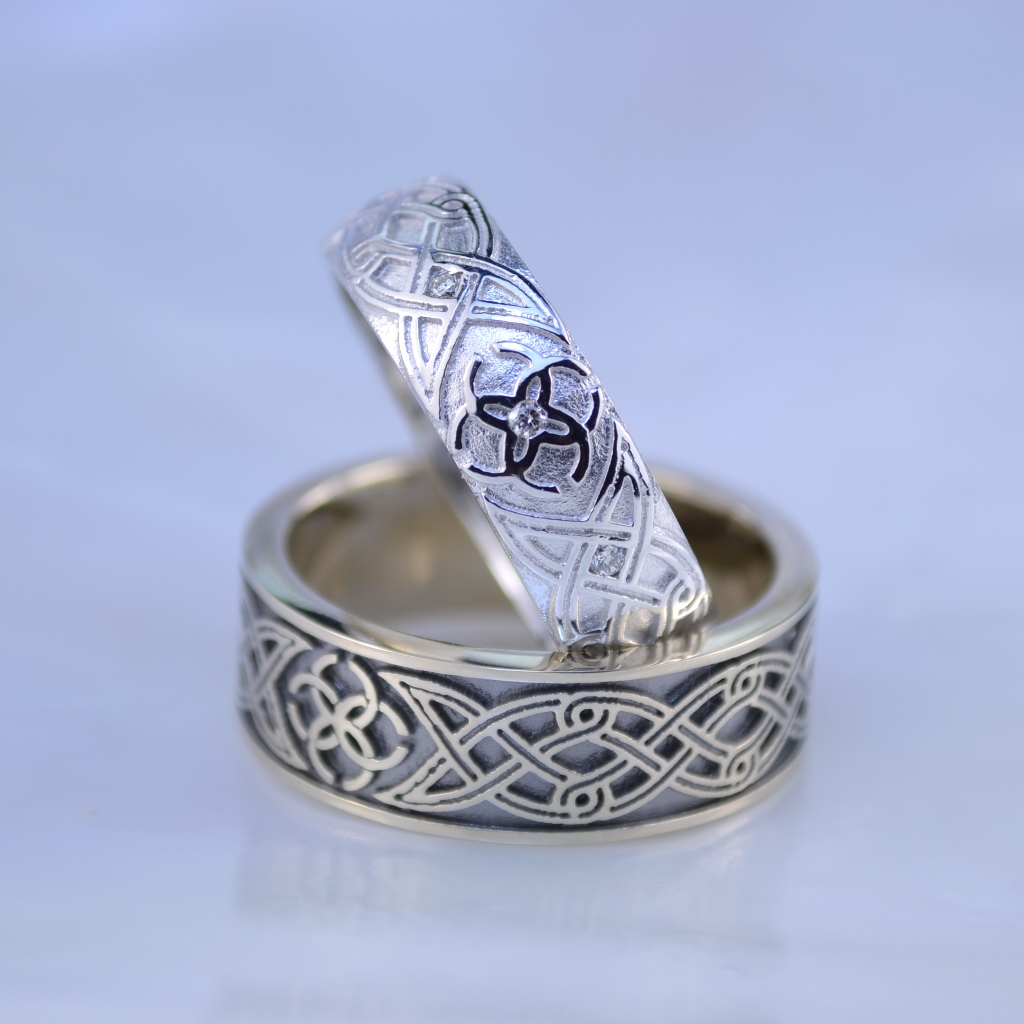 Обручальные кольца Свадебник и кельтский узор из белого золота с бриллиантами, чернением или родированием (Вес пары 15 гр.)