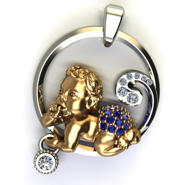 Подвеска - кулон на рождение мальчика из золота с бриллиантами и синими сапфирами (Вес: 11 гр.)
